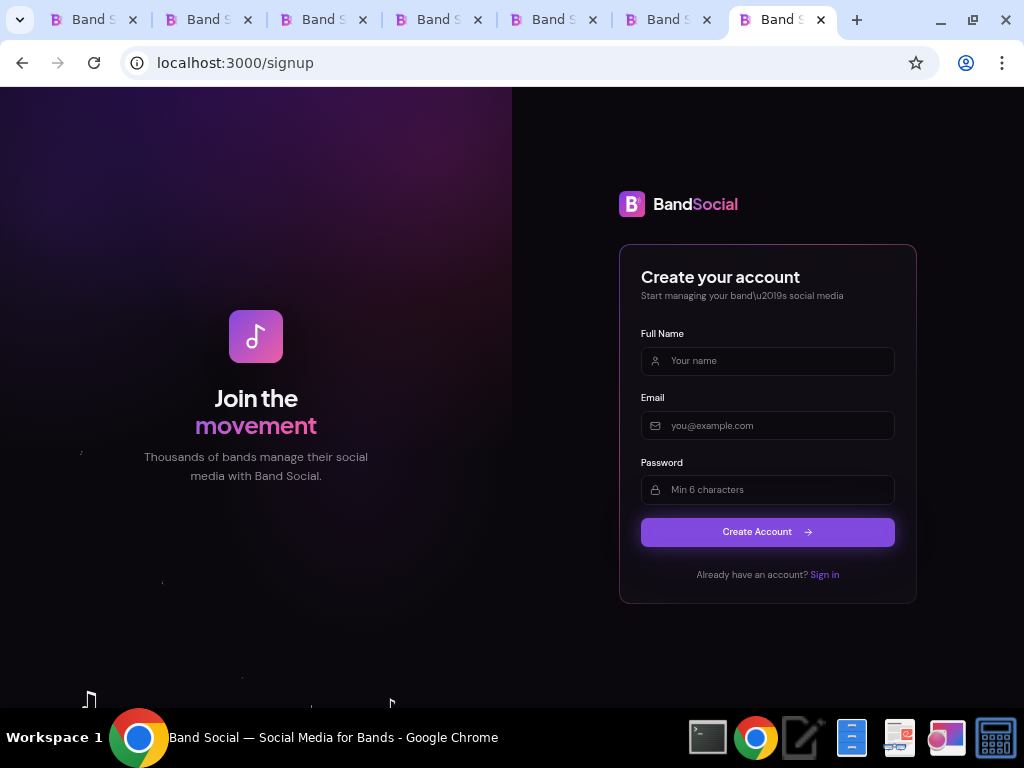 Band Social signup page