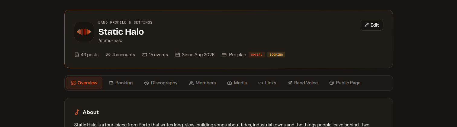 Band profile header with the band logo, slug, post, account and event counts, the plan badge and its module chips, above the tab strip