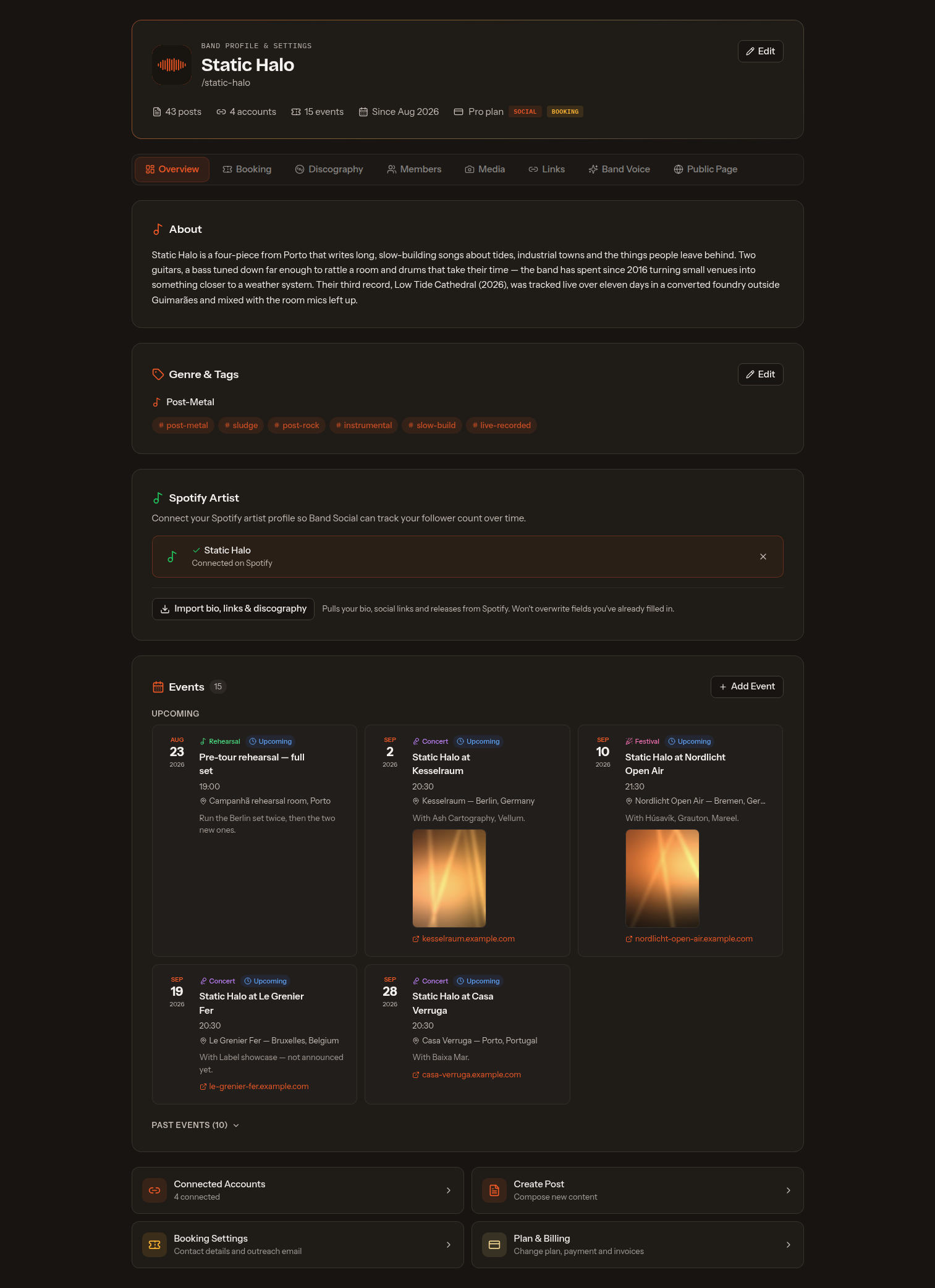 Overview tab showing the band bio, Genre & Tags, a connected Spotify artist with an Import bio, links and discography button, and the events list