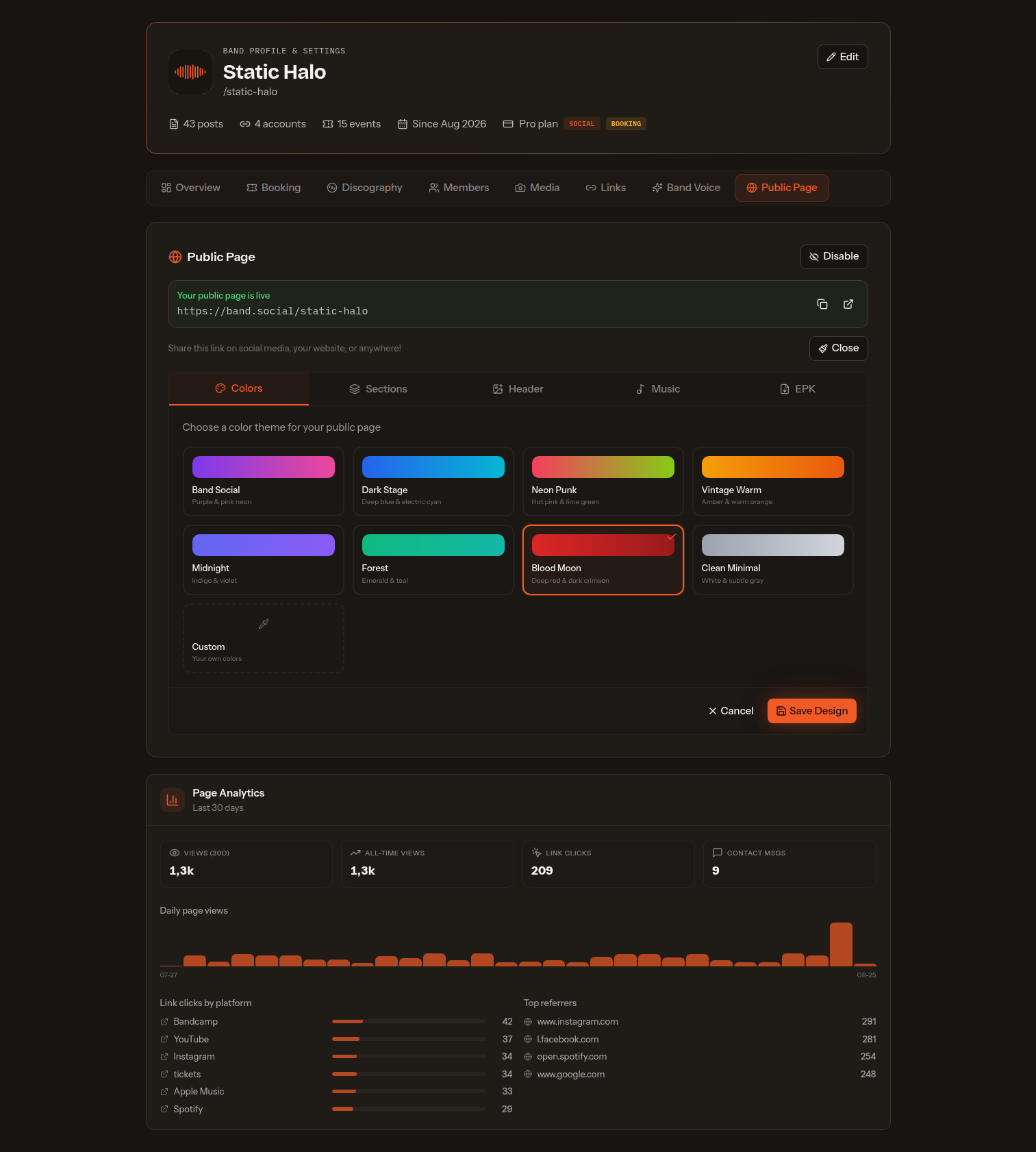 Page builder Colors tab showing eight colour presets with Blood Moon selected and a Custom swatch