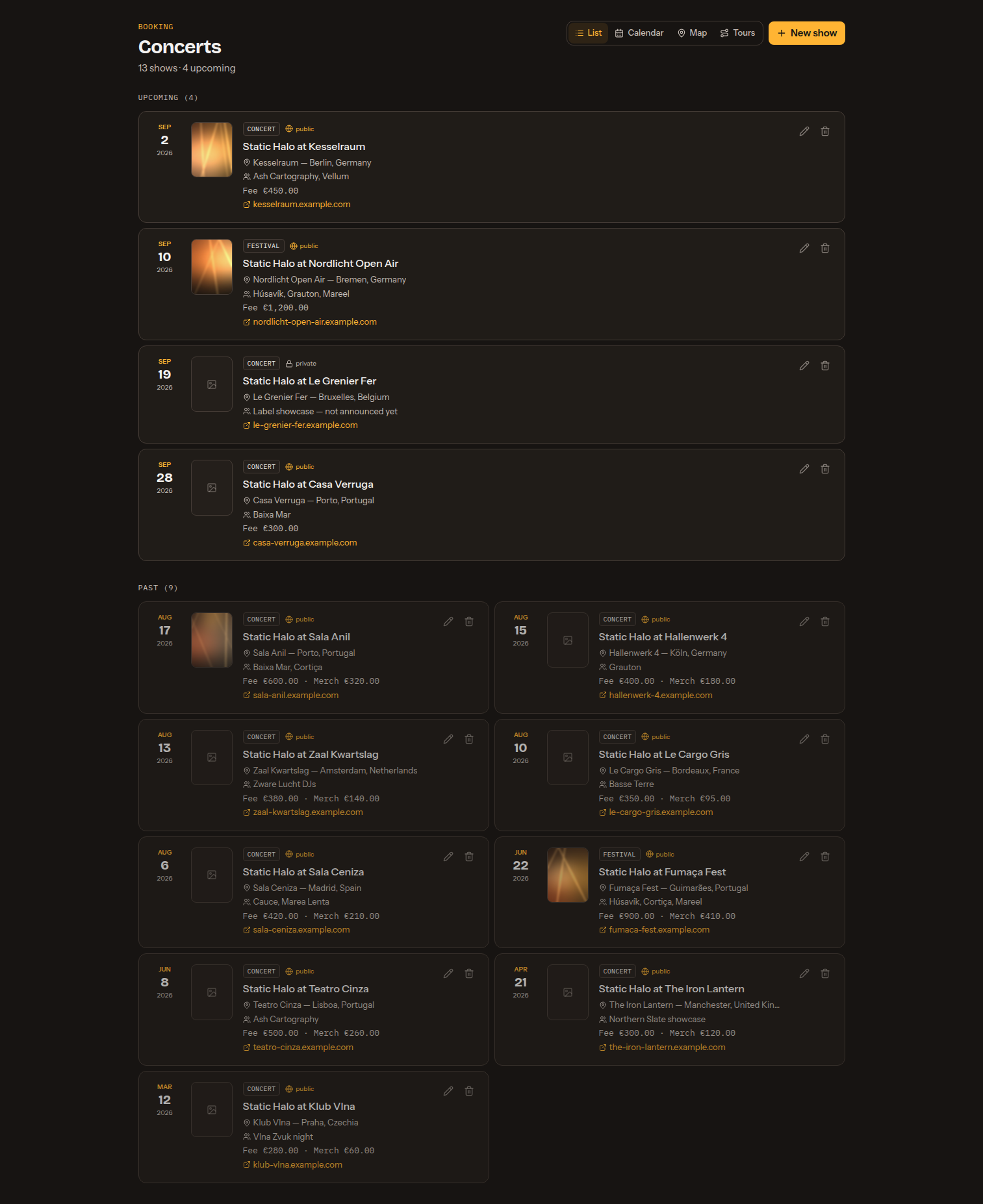 Concerts list view splitting shows into upcoming and past, each row showing its poster, concert or festival type, public visibility, venue, location, the other bands on the bill and its fee and merch totals