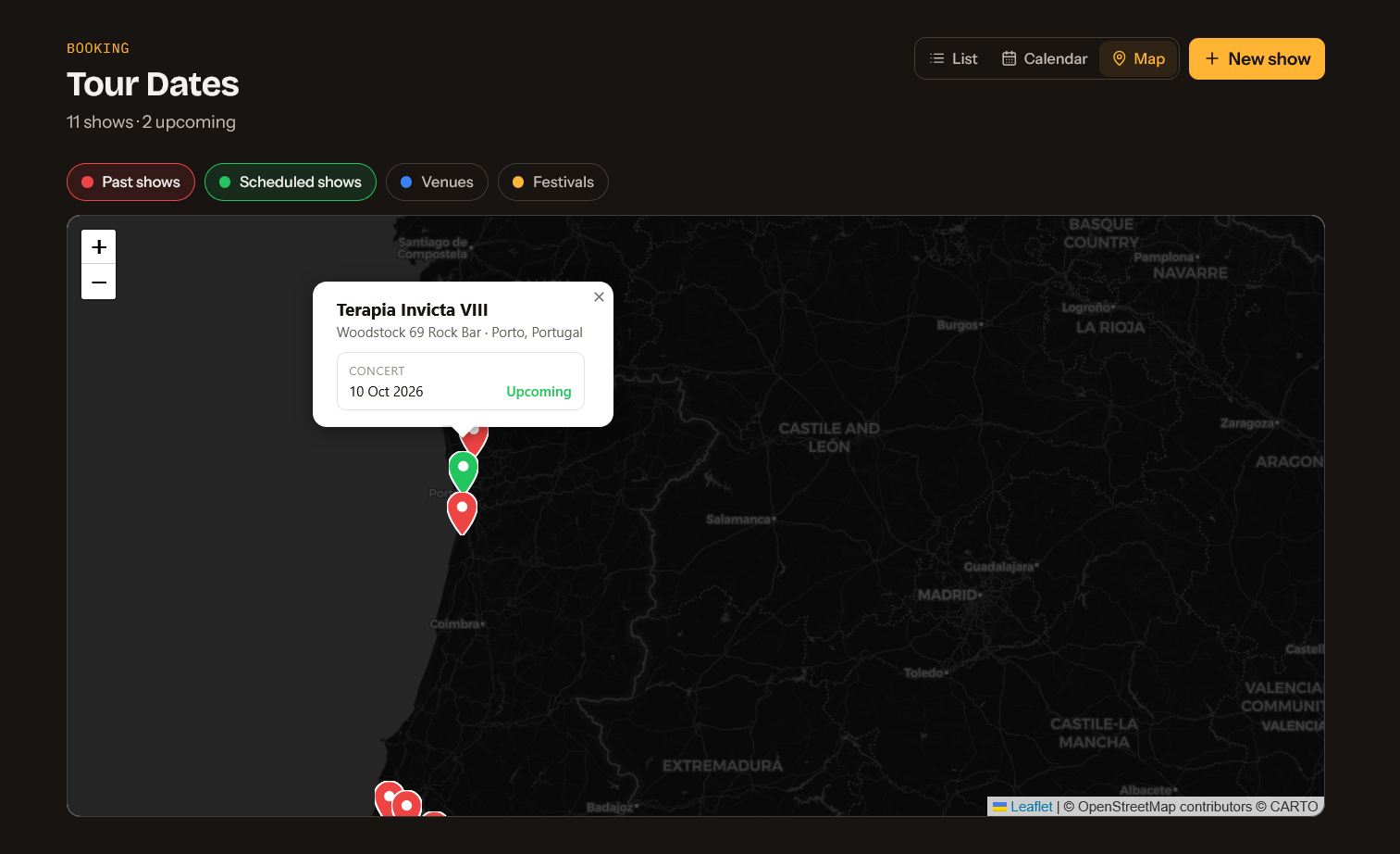 Tour dates on a dark map of Portugal and Spain, with pins for past and scheduled shows and a popup for an upcoming concert in Porto.