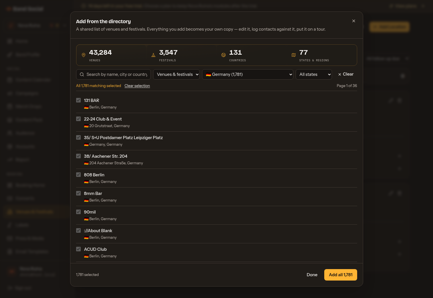 The shared venue and festival directory filtered to Germany, with a list of Berlin venues selected to add to the band’s own contacts.