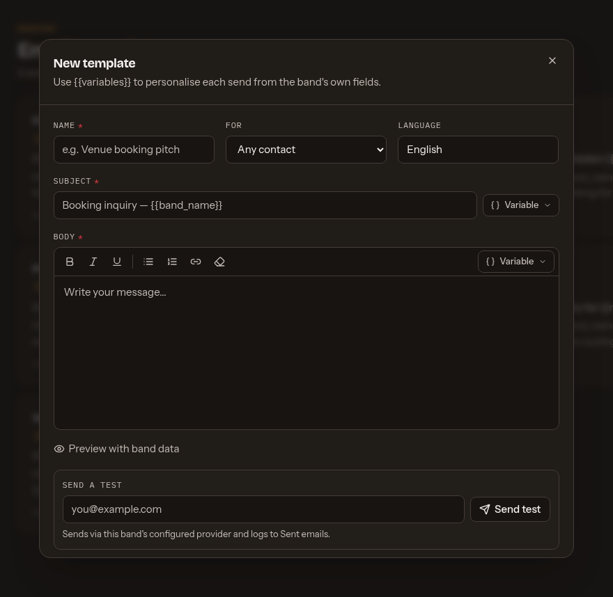 Template editor dialog with name, target type and language fields, a subject line built from merge variables, an empty rich-text body with a Variable menu beside each, and Preview with band data and send-a-test rows underneath