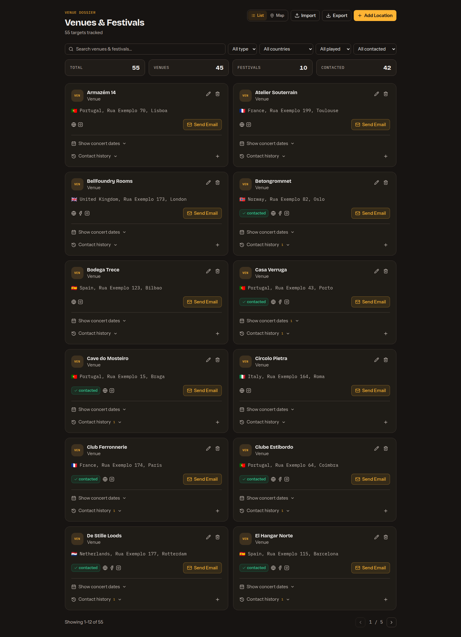 Venues & Festivals showing tracked targets as detail cards two per row, with search, type, country, played and contacted filters, stat tiles, per-card Send Email and inline contact history, and pagination
