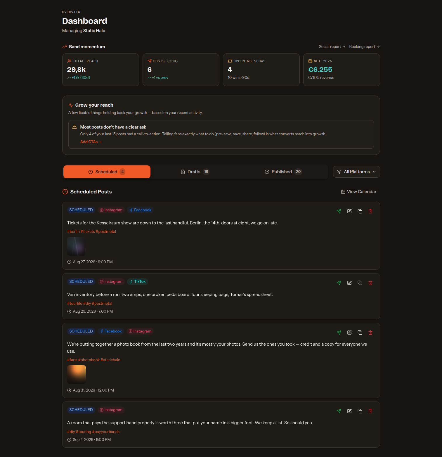 Band Social dashboard showing total reach, posts in the last 30 days, upcoming shows, net income for the year and a list of scheduled social posts.