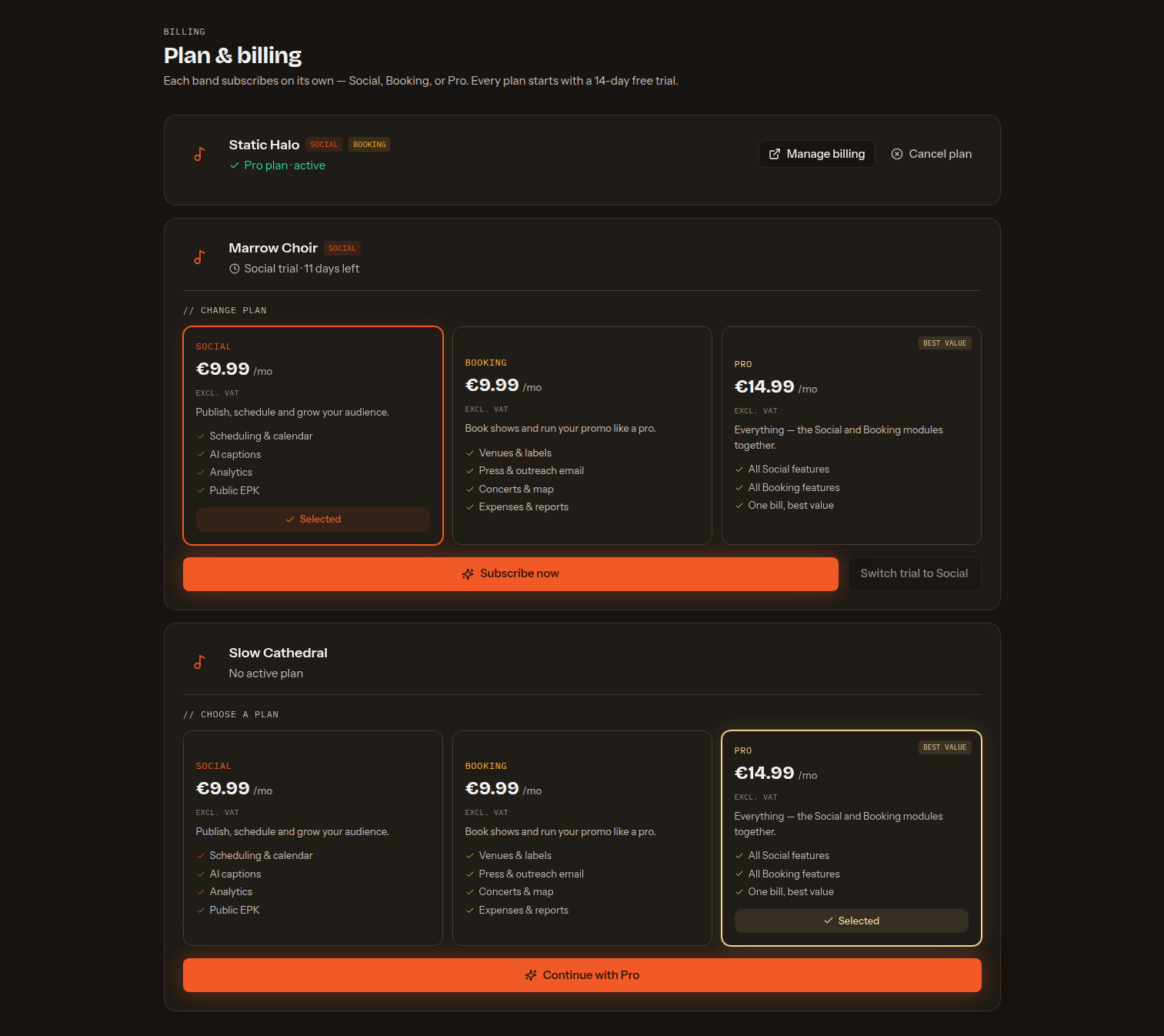 Plan & billing with three bands: one on an active Pro plan with Manage billing and Cancel plan, one on a Social trial with eleven days left showing the Social, Booking and Pro plan cards and Subscribe now, and a lapsed band with no active plan choosing a tier