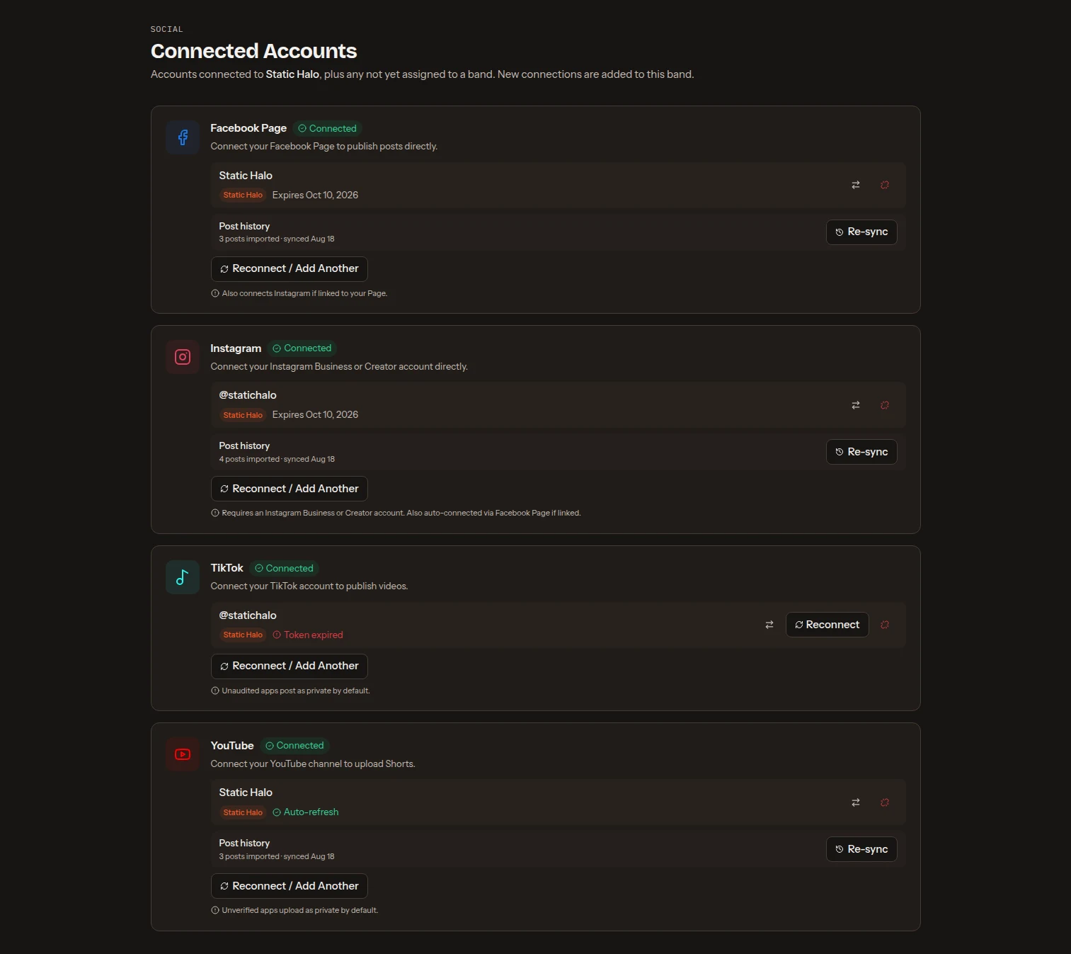 Connected Accounts with Facebook Page and Instagram connected — token expiry dates, Auto-refresh badges, band assignment chips and post-history rows with Import and Re-sync — and TikTok flagged Token expired with a Reconnect button