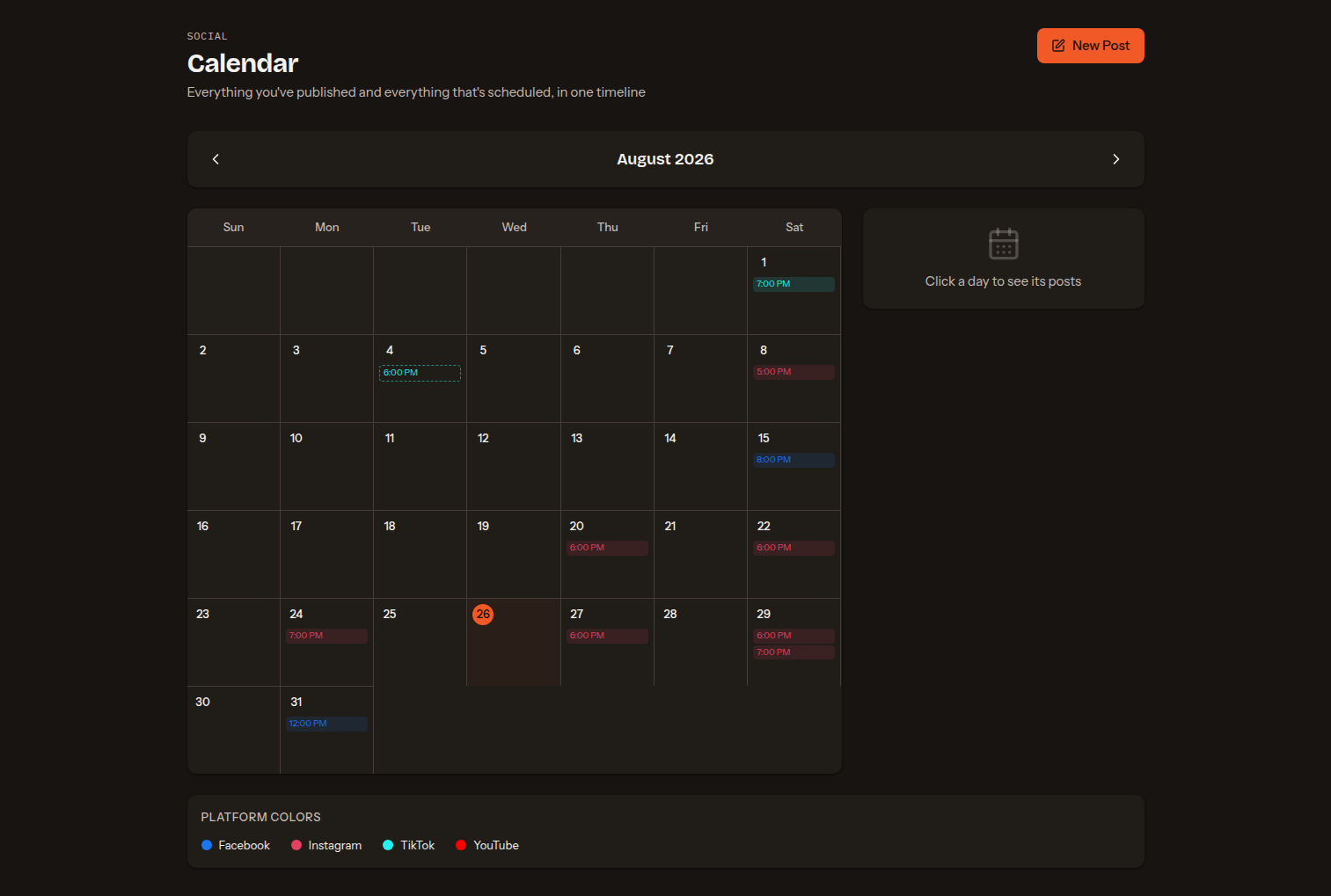 A monthly social content calendar with scheduled posts on each day, colour-coded for Facebook, Instagram, TikTok and YouTube.