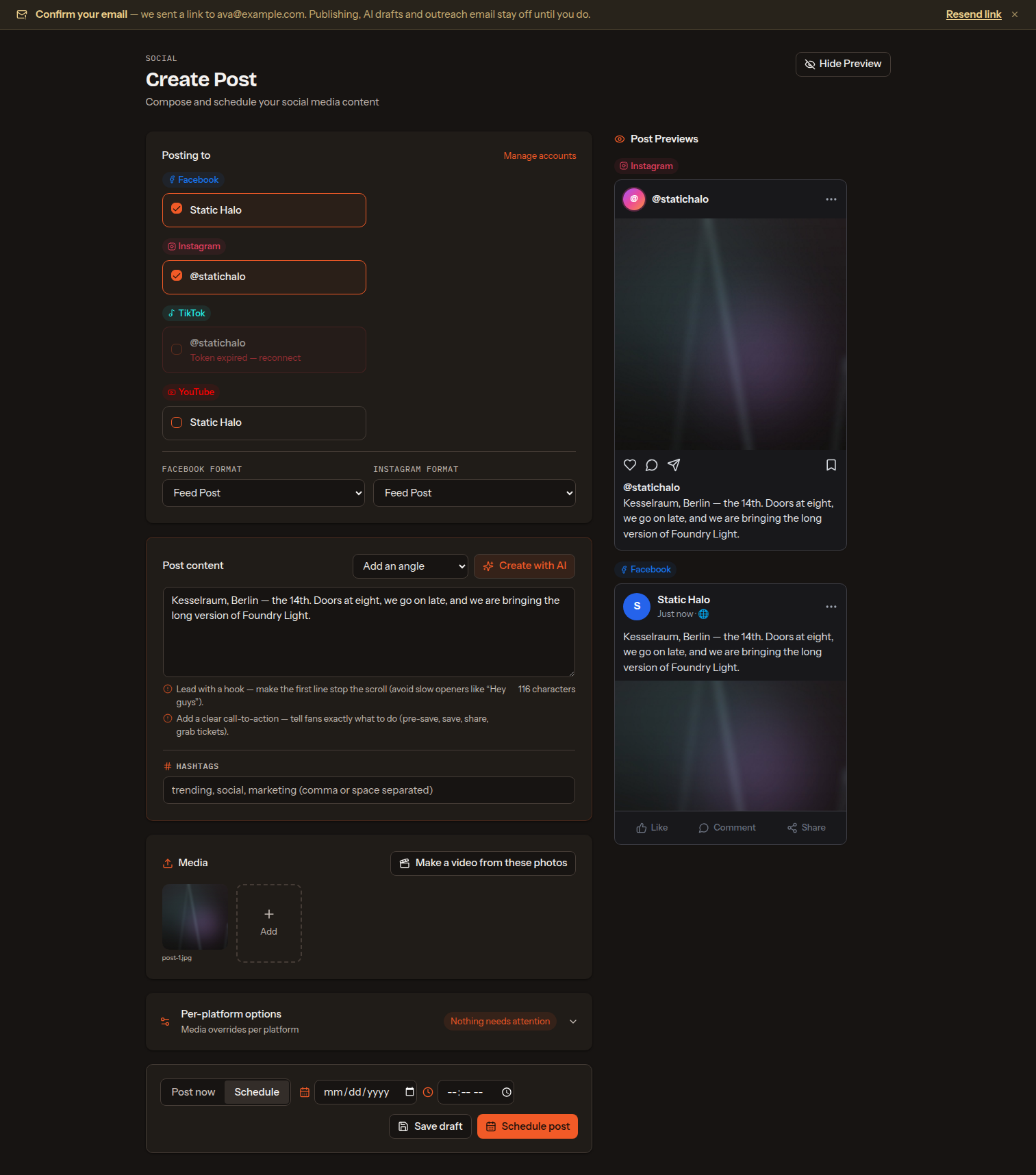 The Create Post screen: Facebook, Instagram, TikTok and YouTube accounts to post to, a caption with hook and call-to-action coaching, and live Instagram and Facebook previews.