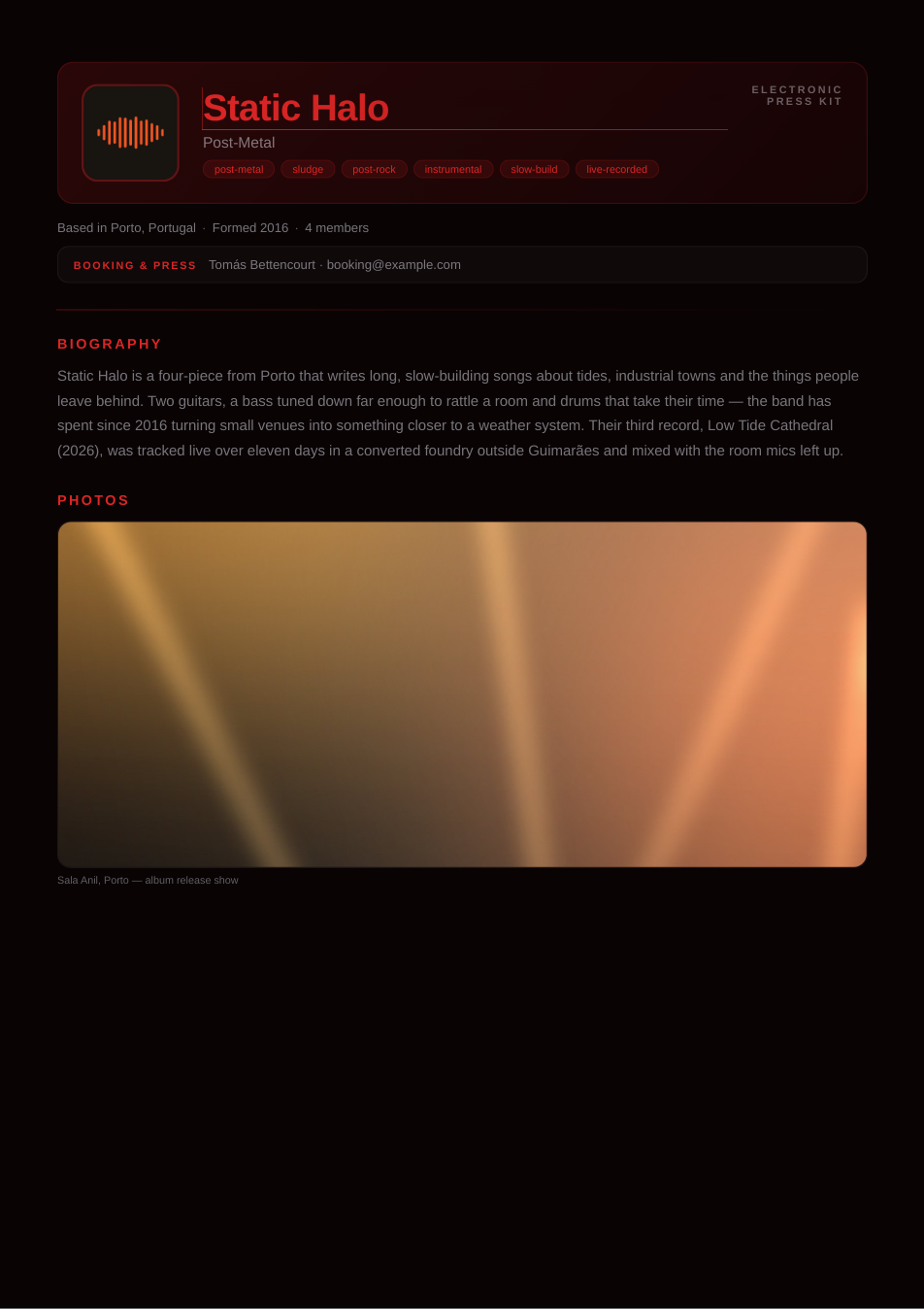 The generated electronic press kit PDF: band name, genre tags, location, booking contact, biography and photos.