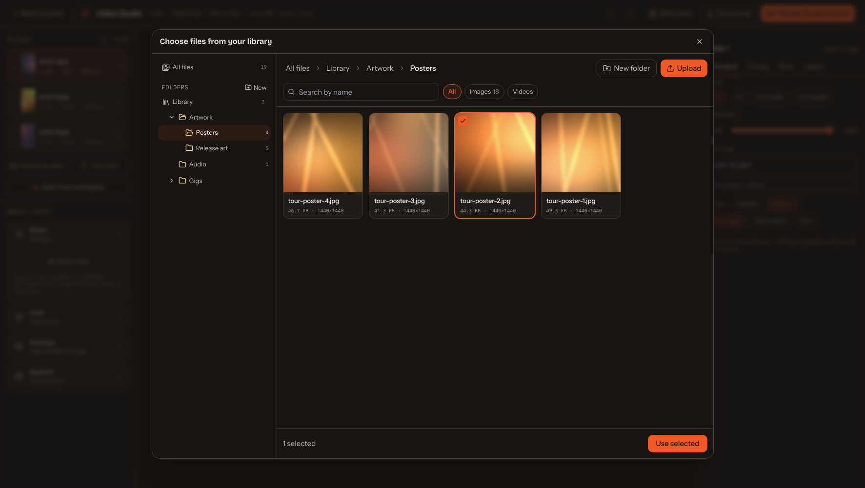 The library picker over the Video Studio, with the Posters folder open under Artwork and one poster selected, and a Use selected button
