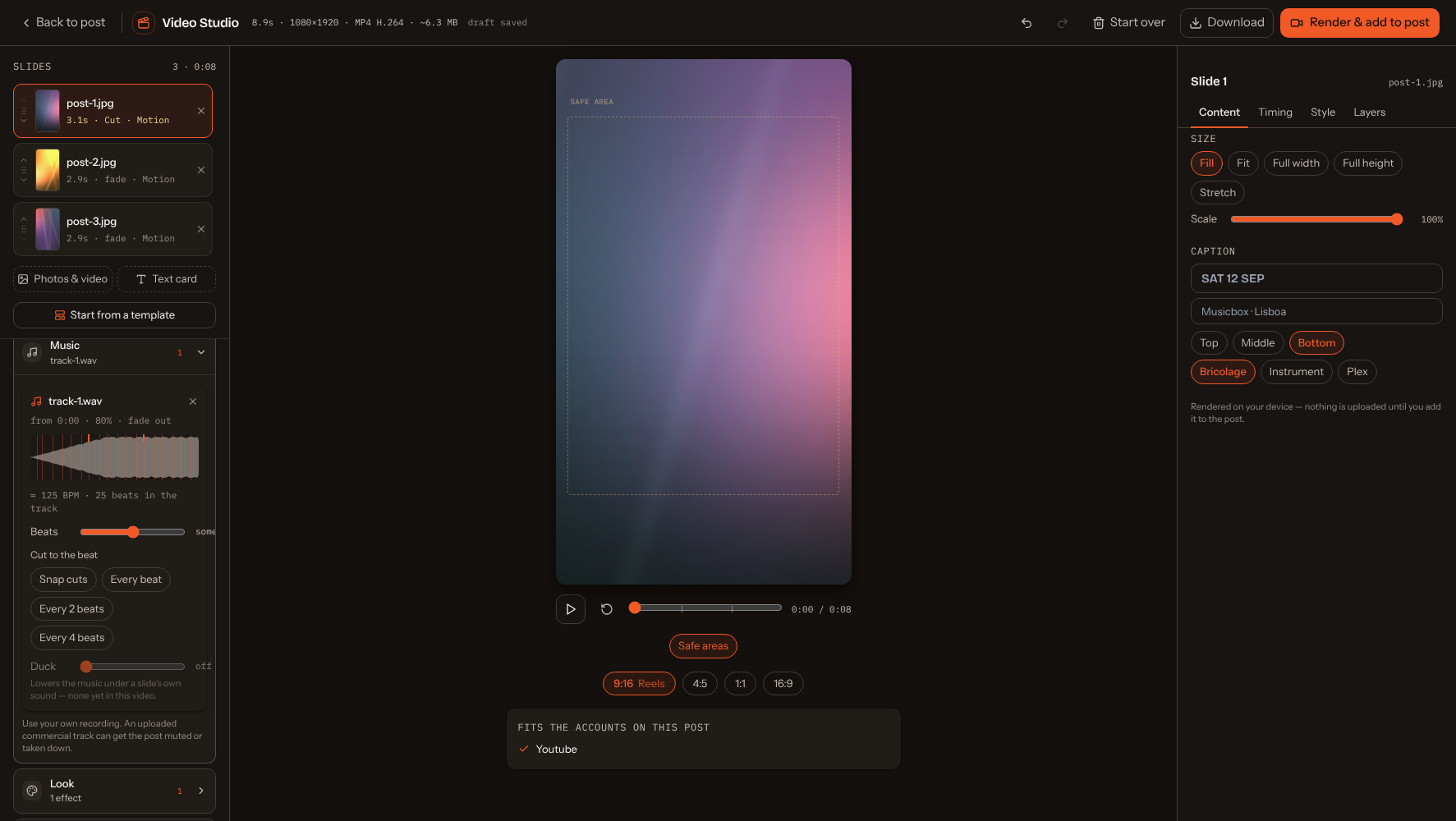 The Video Studio with the Music section open and a track under three photos: its waveform drawn across the video with beat lines and cut ticks, 125 BPM and 25 beats found, a Beats sensitivity slider, Snap cuts and Every beat buttons, and a Duck slider