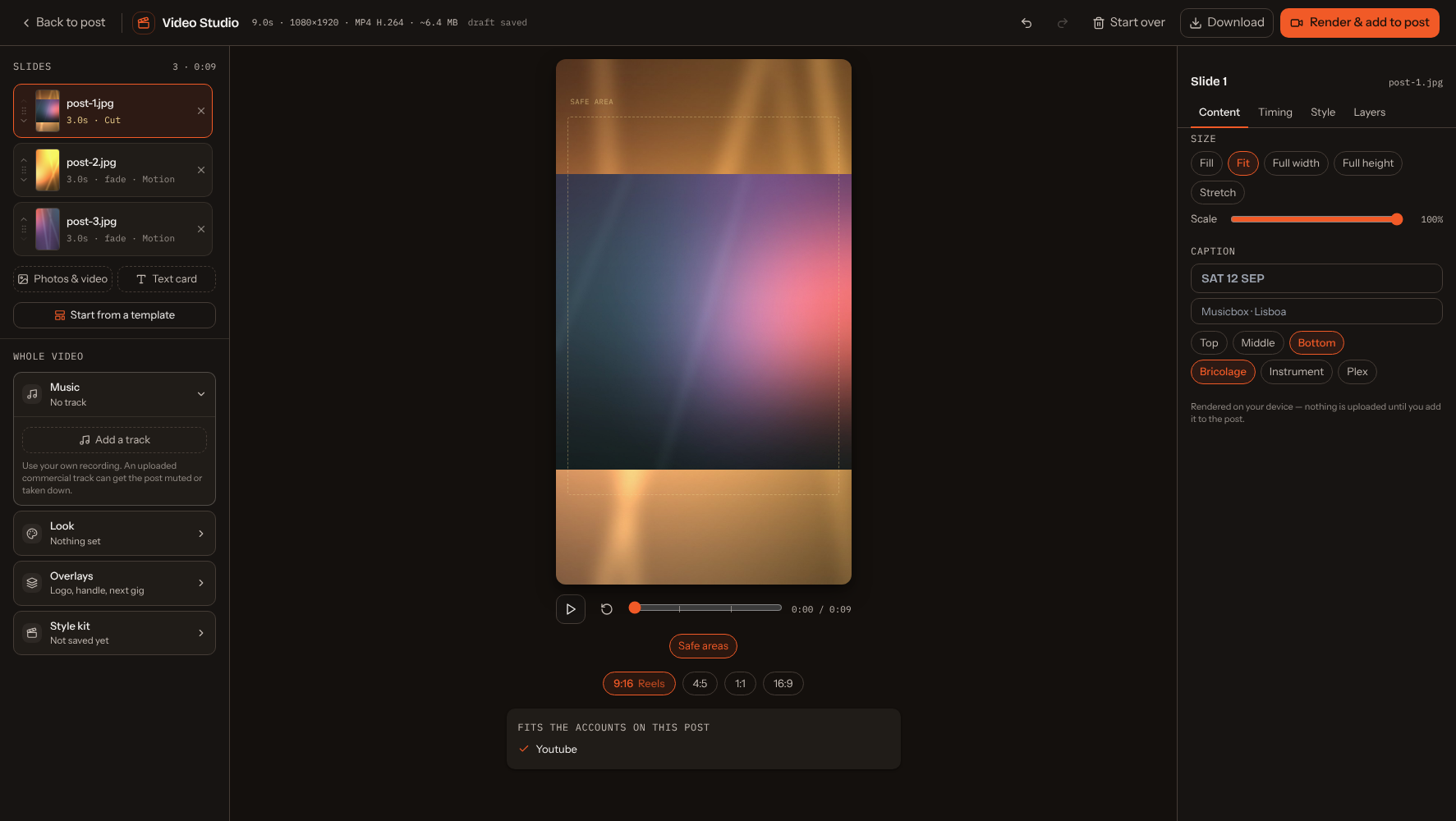 The Video Studio with the first photo fitted inside the frame over a background picture, the Size controls set to Fit, and, on the Style tab, the Background controls for how that picture fills the frame, its blur and removing it