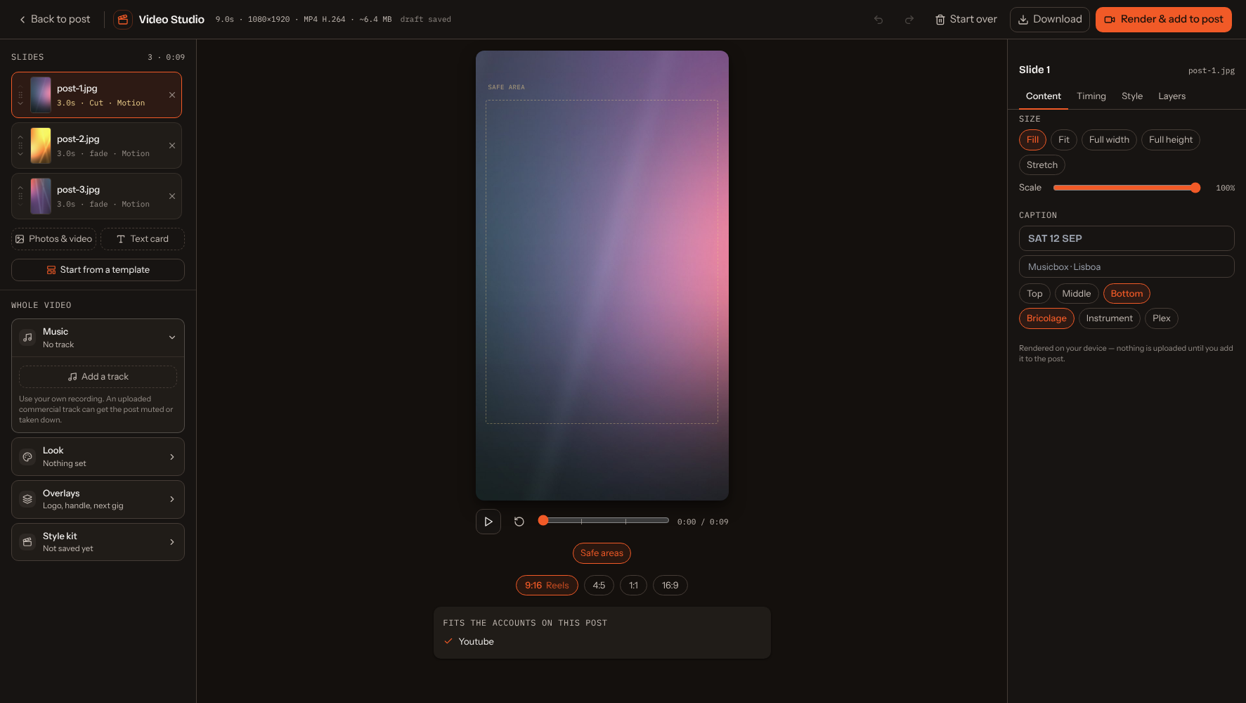 Video Studio with three photos on the timeline, a vertical preview with its safe-area guide, the 9:16 format selected, a fit check confirming YouTube, and the slide list at the top left with the Music, Look, Overlays and Style kit sections beneath it, and the slide panel on the right with its Content, Timing, Style and Layers tabs